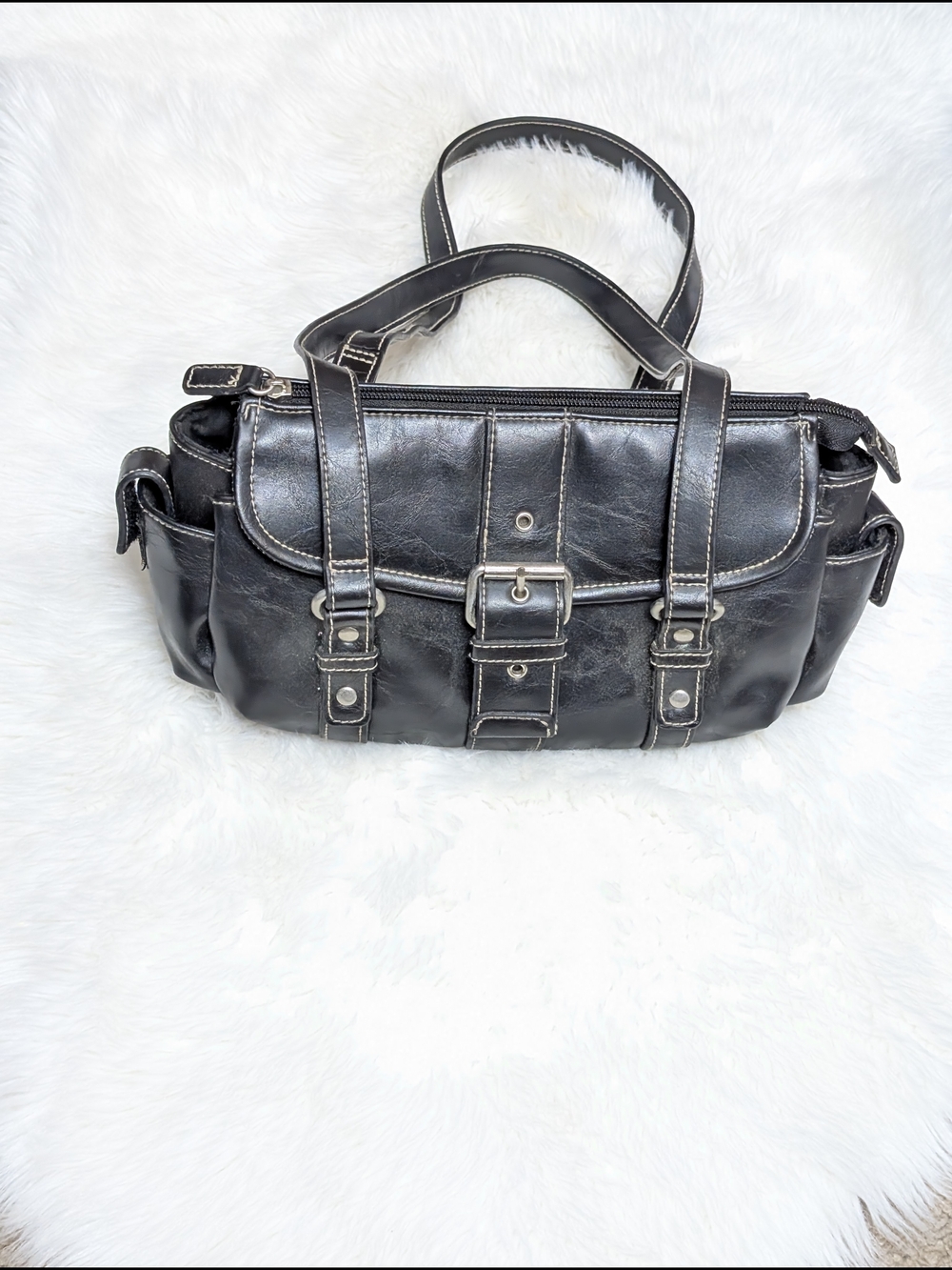 Small Black Vinyl Shoulder Bag with Buckle Detail - Picture 4 of 13